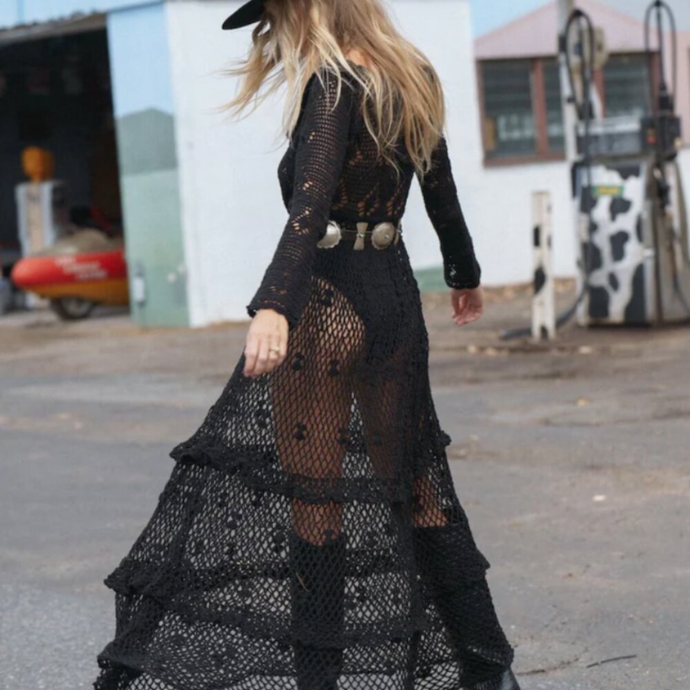 NWT Chasing Unicorns Fire On The Mountain Crochet Ruffle Maxi Dress Black - Picture 4 of 10